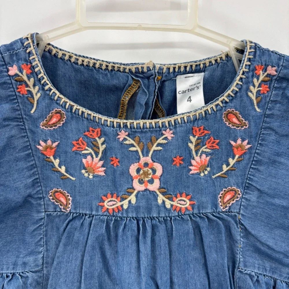 Carter's Embroidered Chambray Top Kids 4 Blue Floral Boho Babydoll Denim Cottage